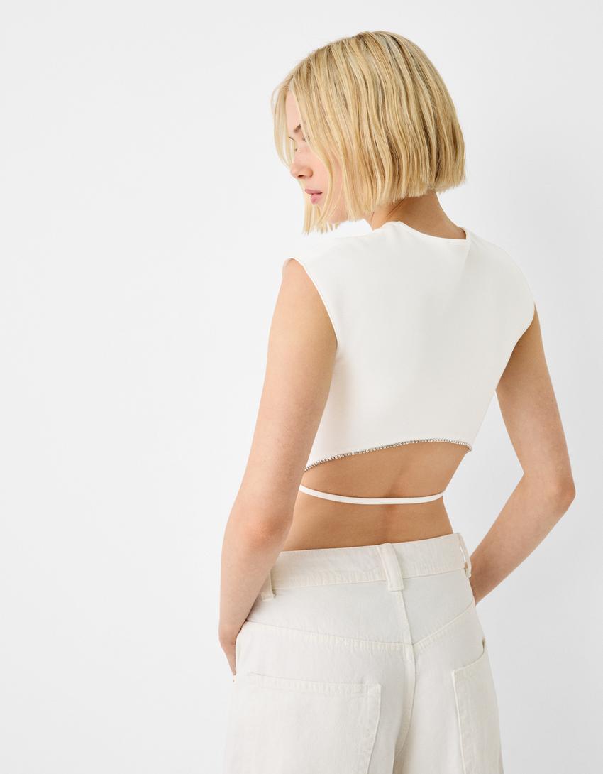 Short sleeve rhinestone T-shirt-Off white-2