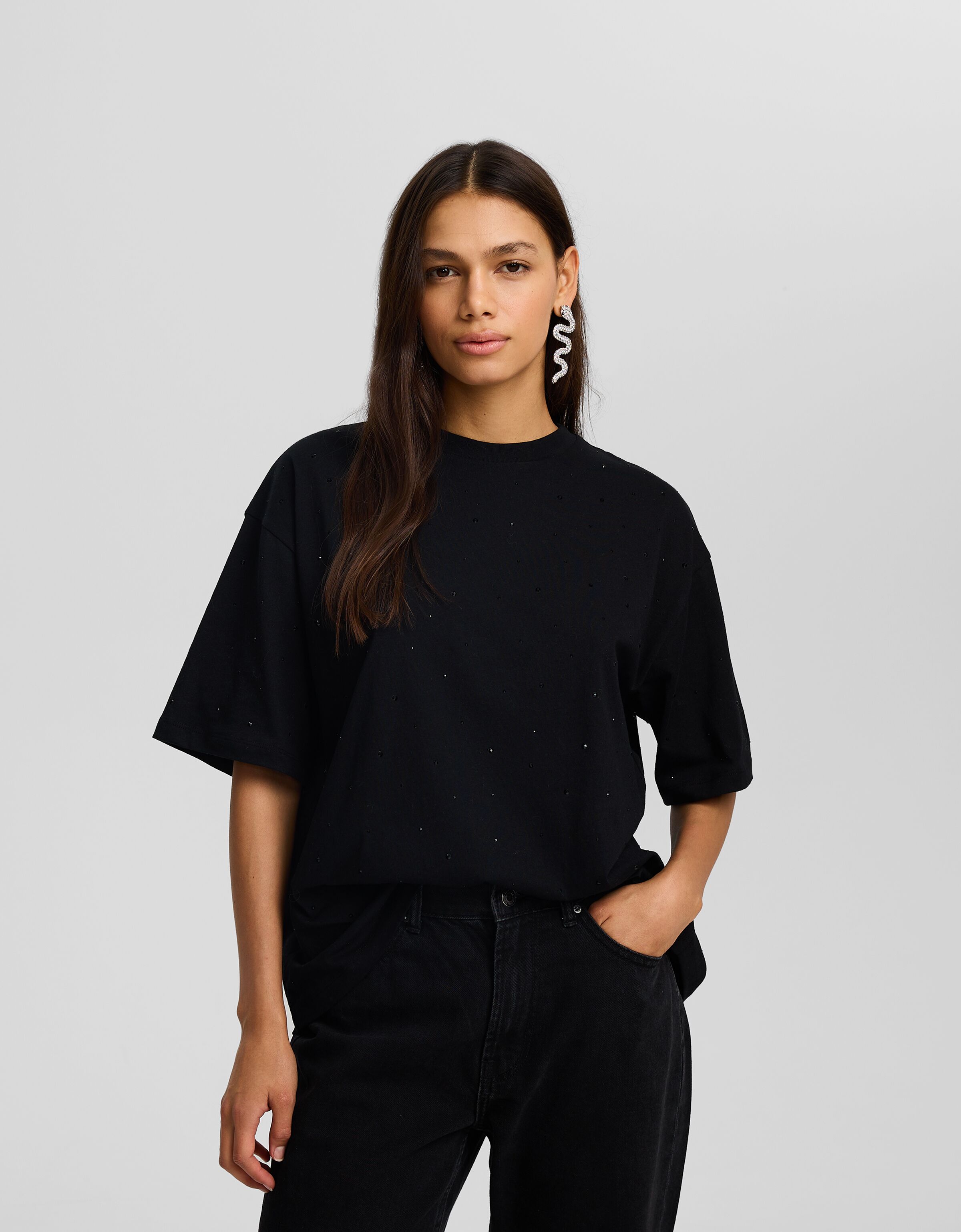 Oversized T shirt met strass en korte mouwen T shirts Dames