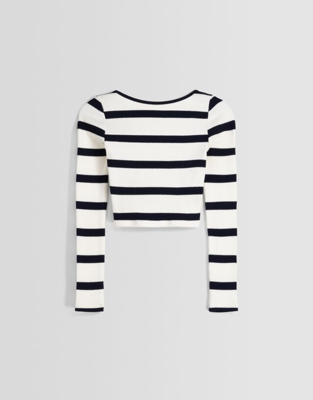 Long sleeve striped knit T-shirt with open back