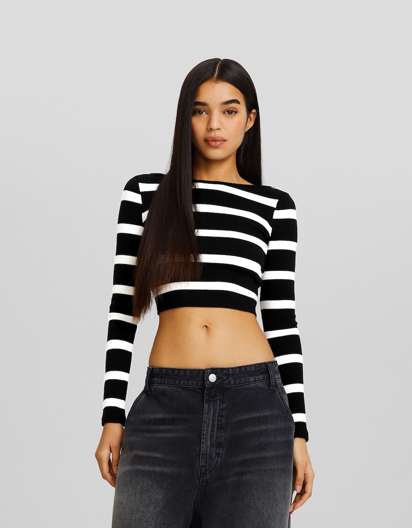 Long sleeve striped knit T-shirt with open back - BSK Teen | Bershka