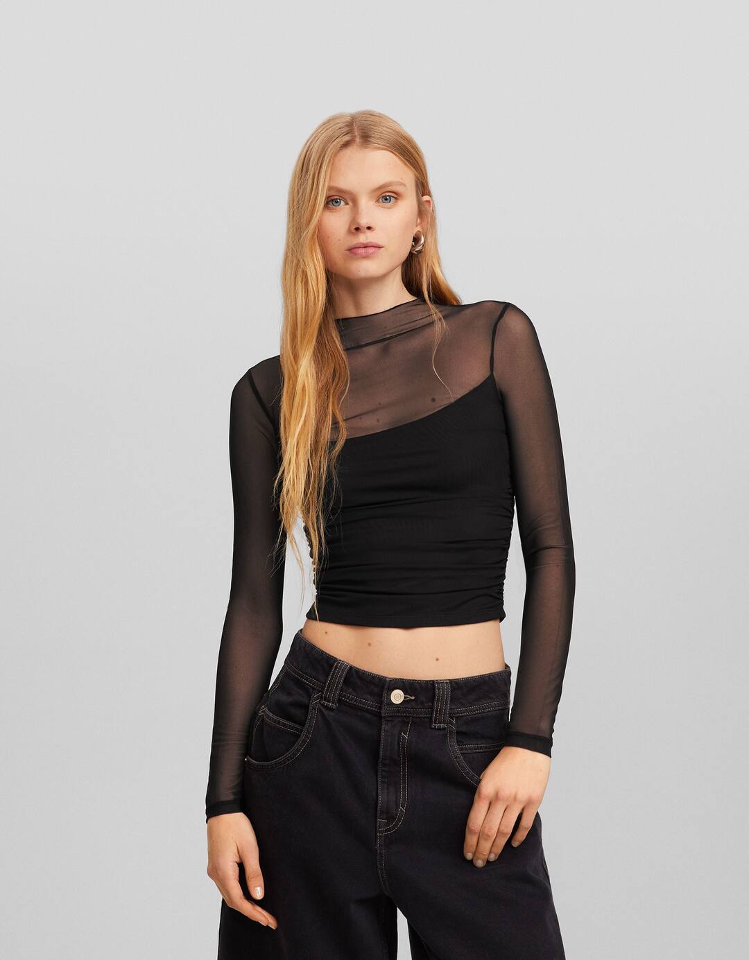 Gathered tulle long sleeve T-shirt