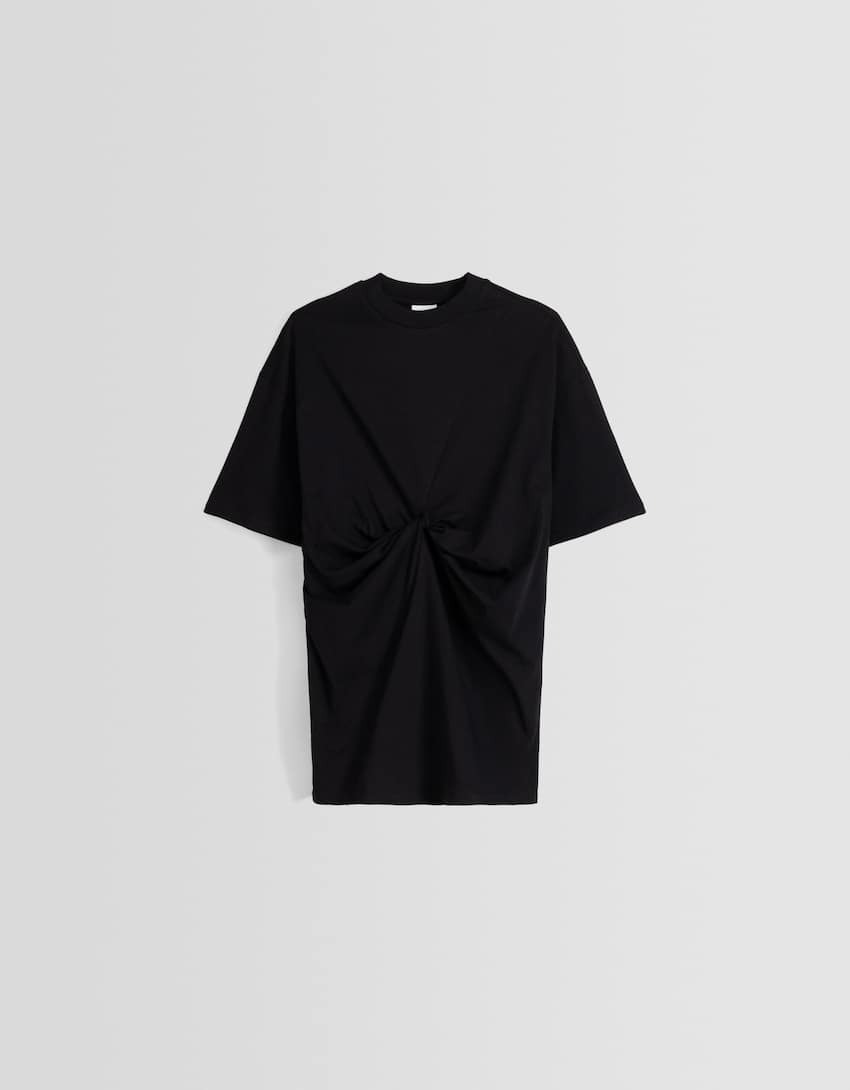 Short sleeve T-shirt with front knot-Black-4