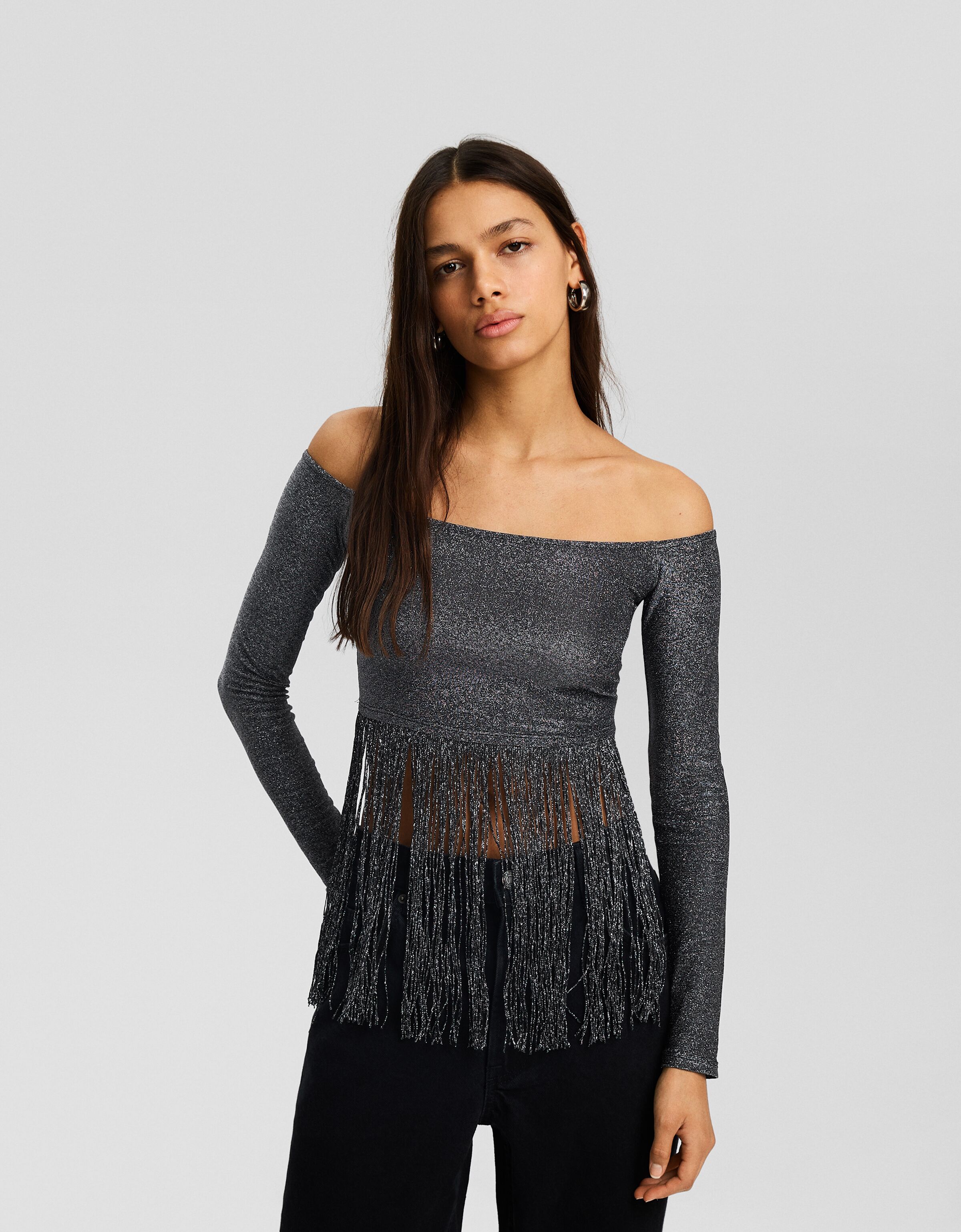 Long sleeve sparkly fringed Bardot T shirt