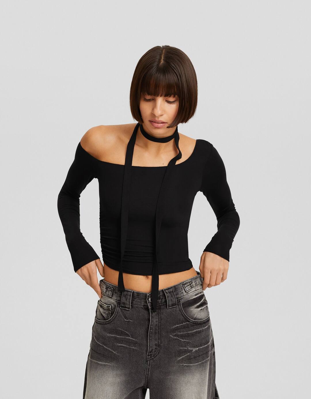 Long sleeve asymmetric scarf T-shirt