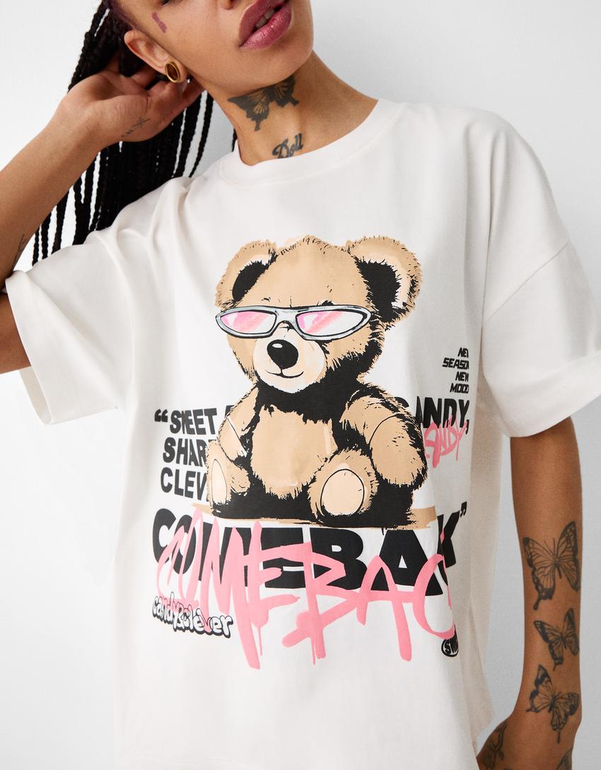 Desenli kısa kollu oversize t-shirt-Pembe-2