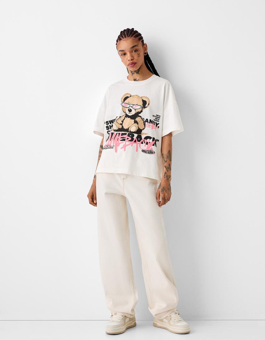 Desenli kısa kollu oversize t-shirt-Pembe-3