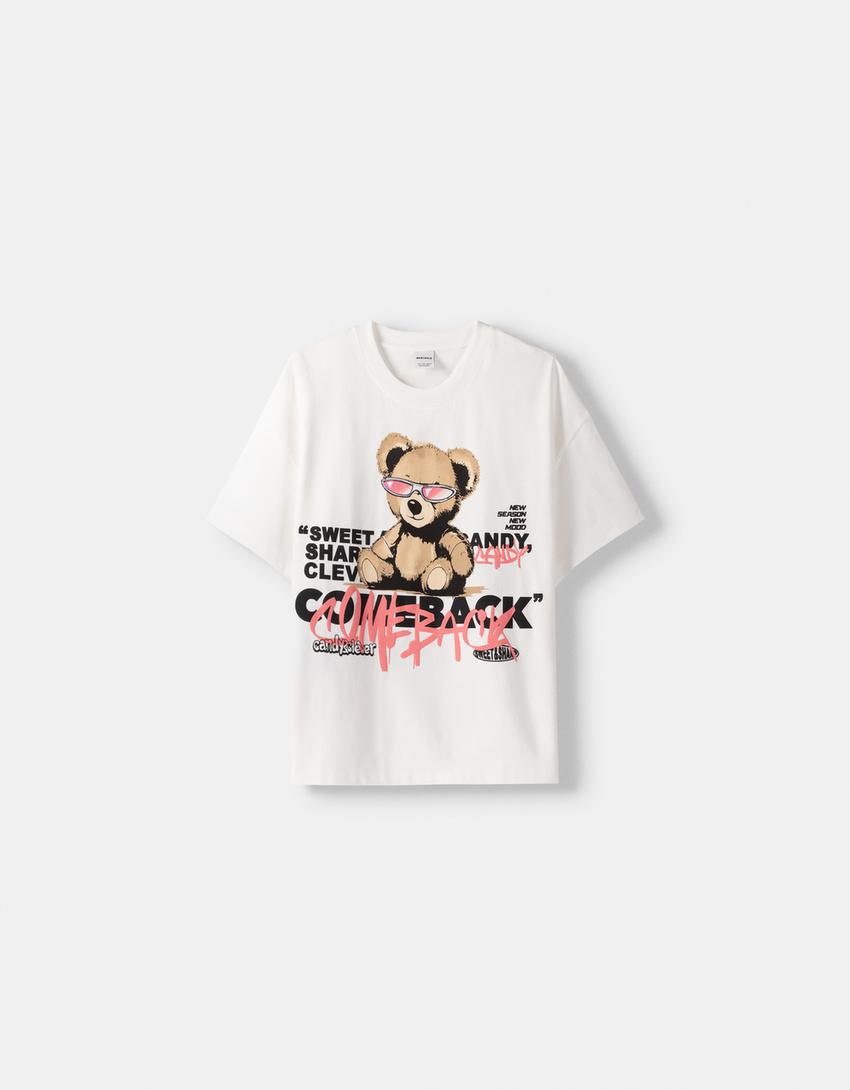 Desenli kısa kollu oversize t-shirt-Pembe-4