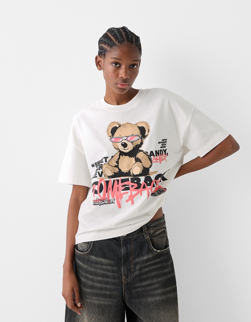 T-shirt manches courtes oversize imprimé-Rose-0