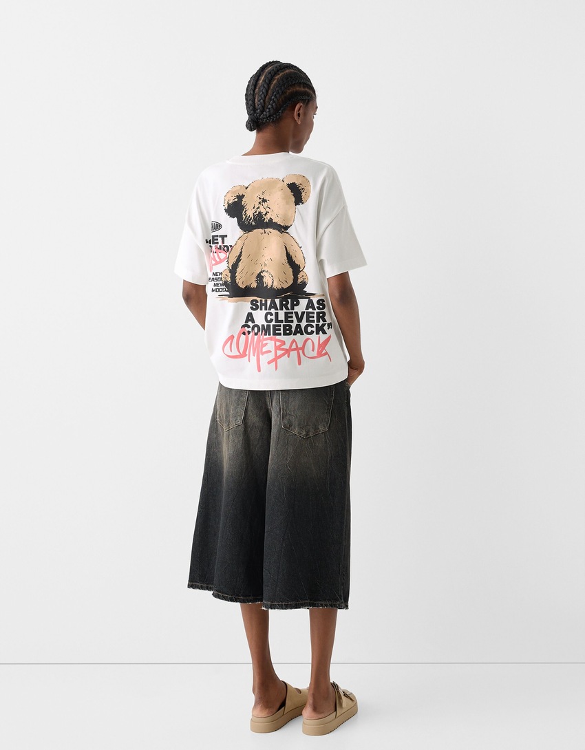 T-shirt manches courtes oversize imprimé-Rose-1