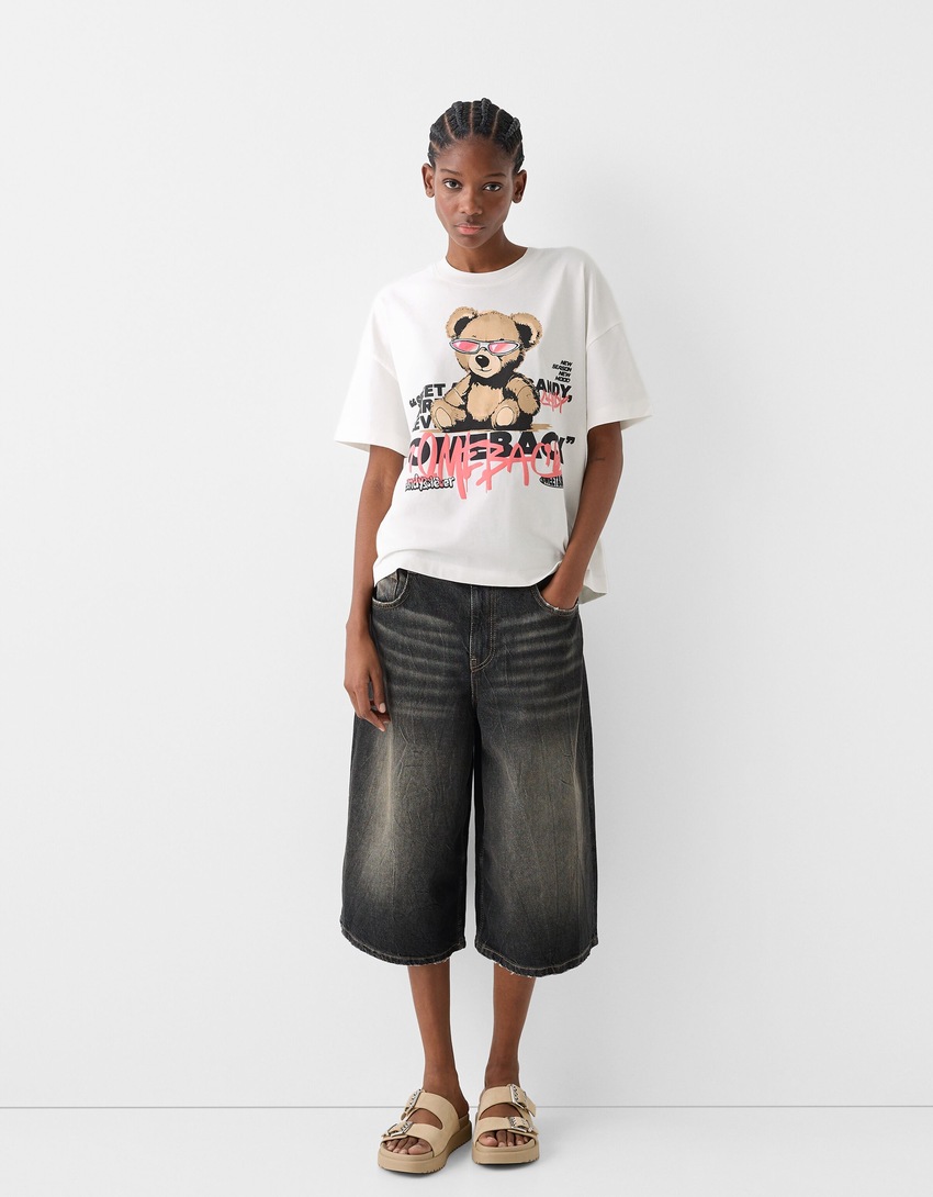 T-shirt manches courtes oversize imprimé-Rose-3