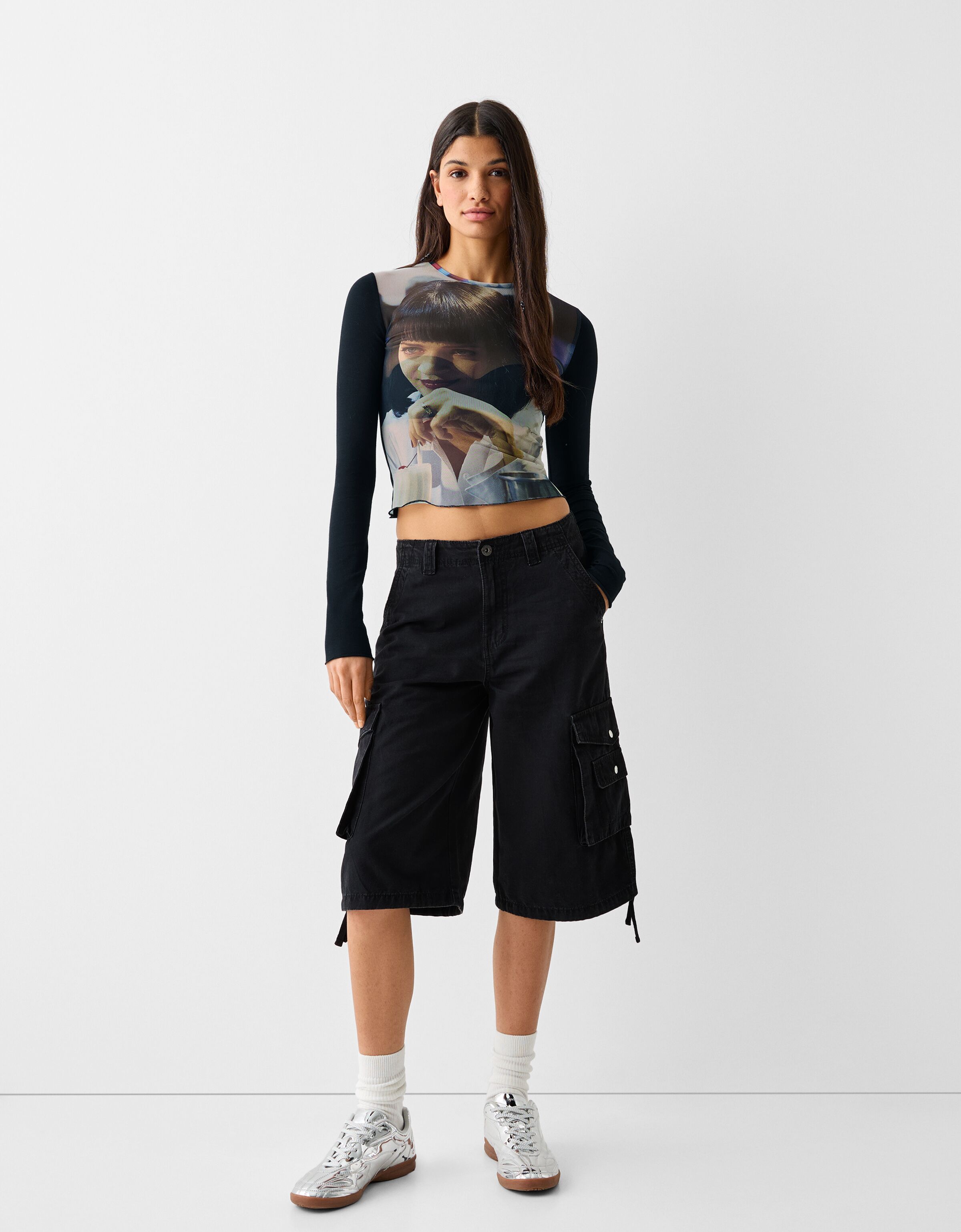 Pulp Fiction print long sleeve tulle T shirt Women Bershka