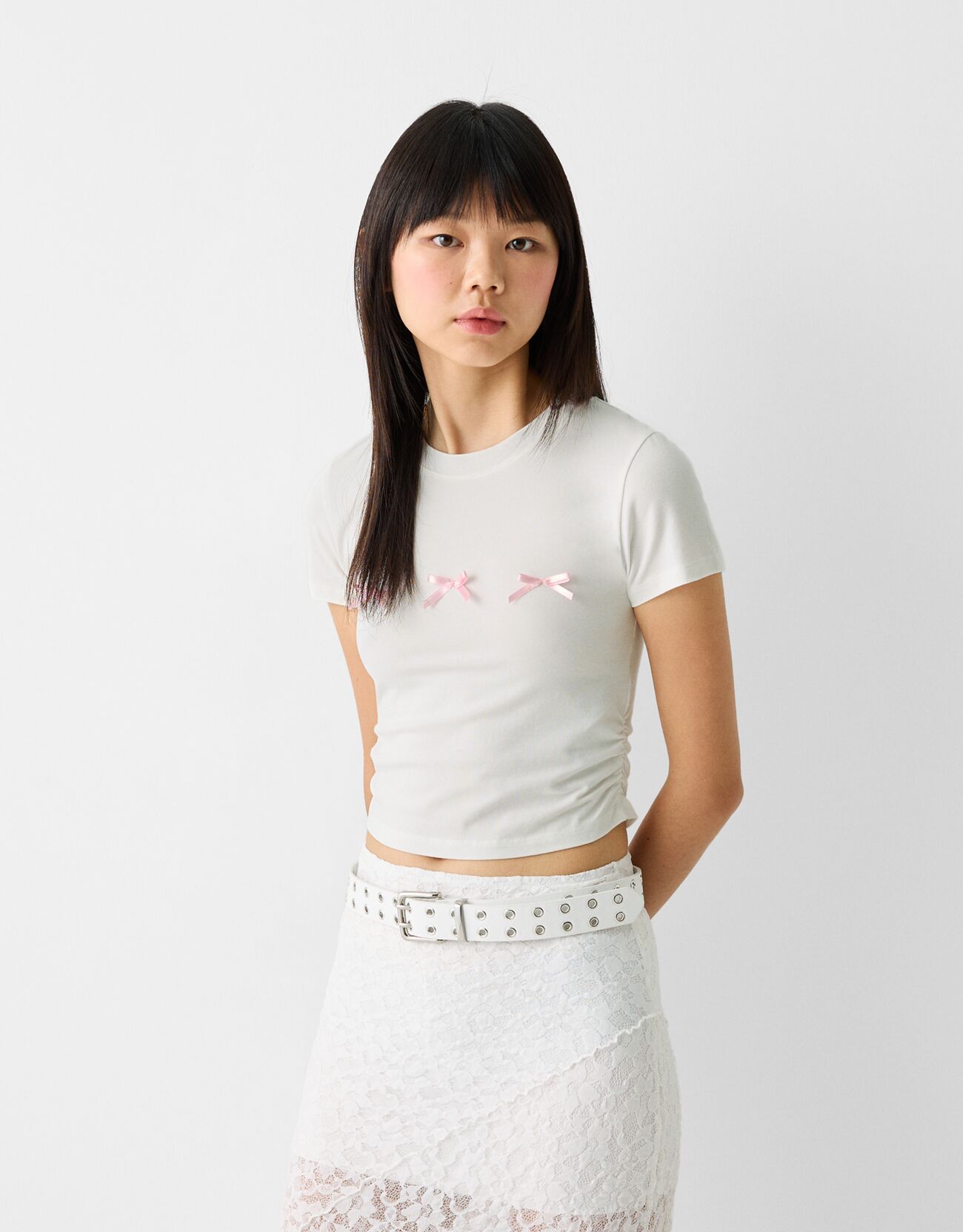 Camiseta manga corta mujer color blanco lazo 