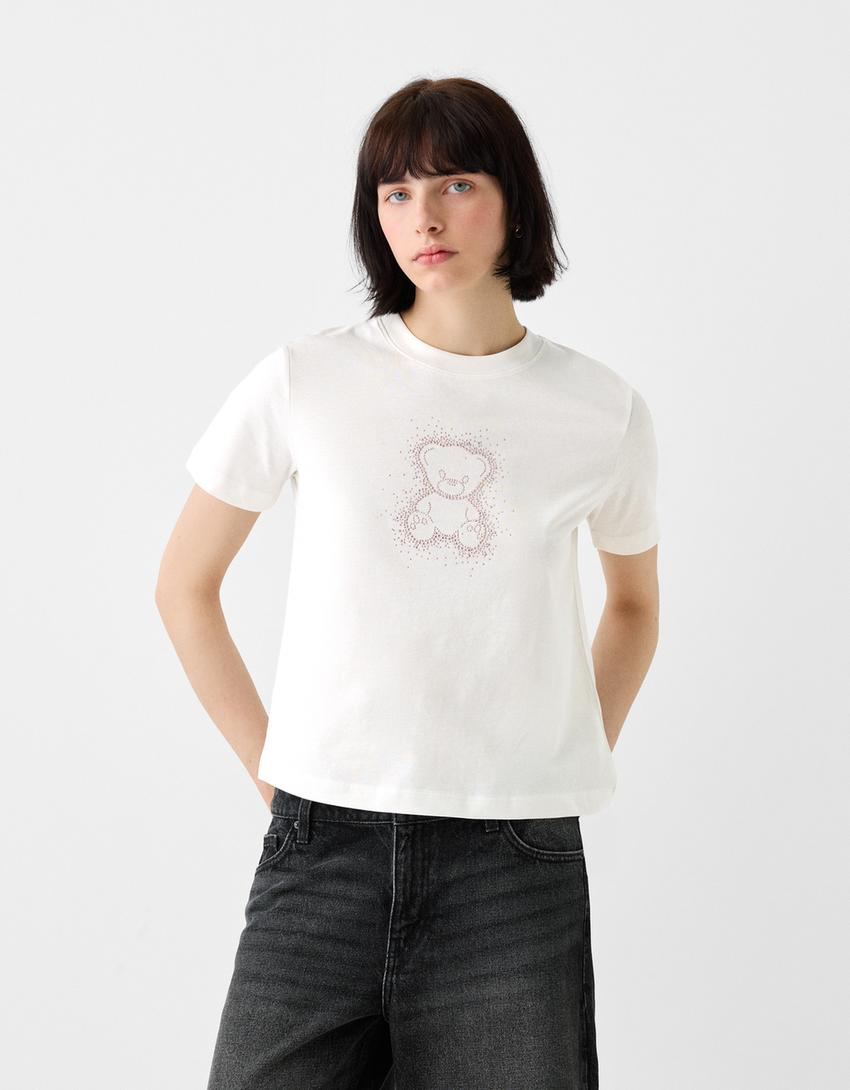 Short sleeve rhinestone T-shirt-Off white-0