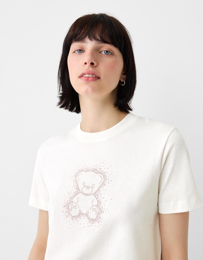 Short sleeve rhinestone T-shirt-Off white-5