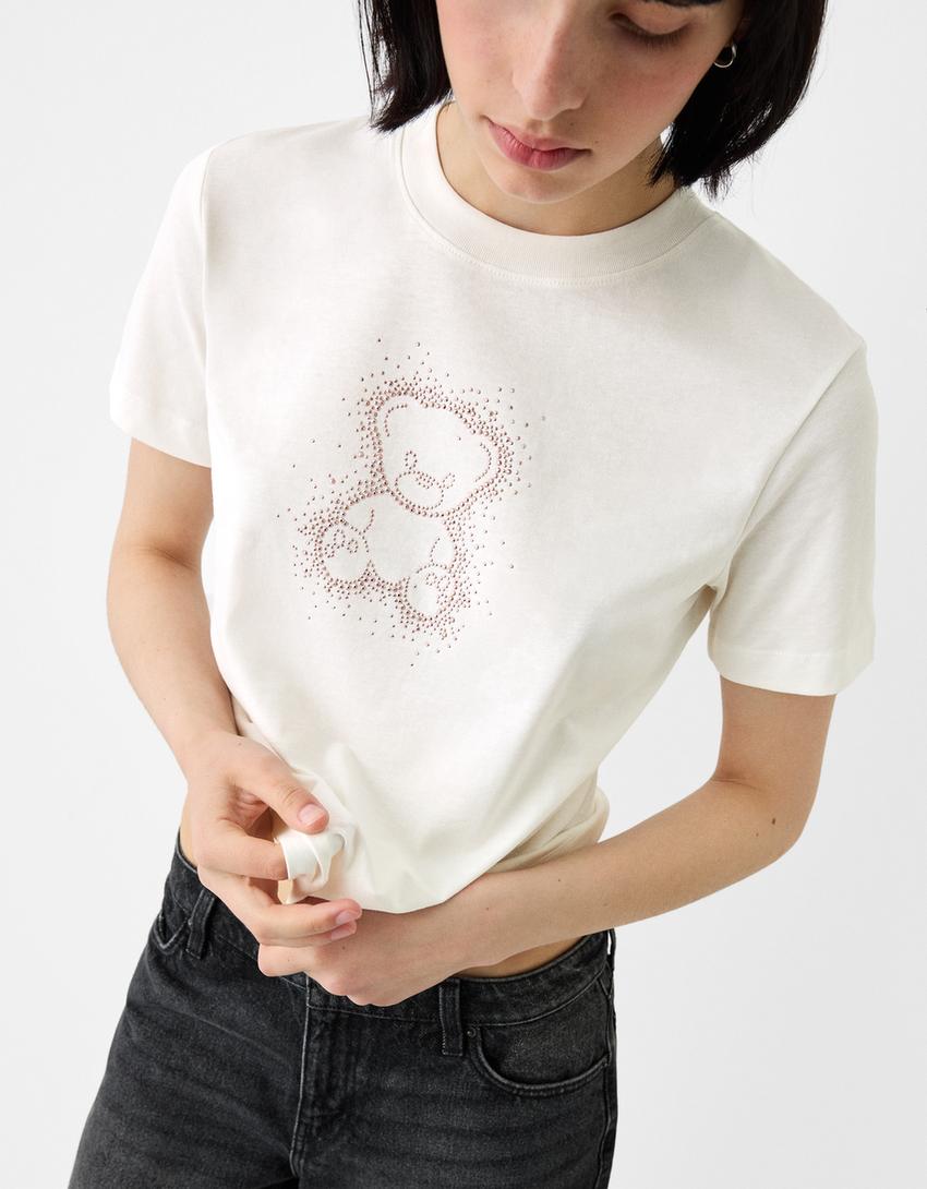 Short sleeve rhinestone T-shirt-Off white-2