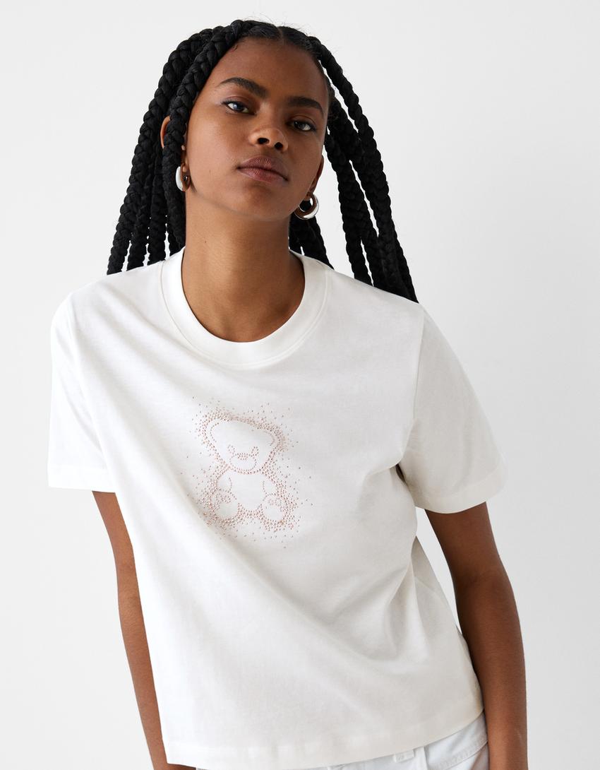 Maglietta maniche corte strass-Bianco Roto-2