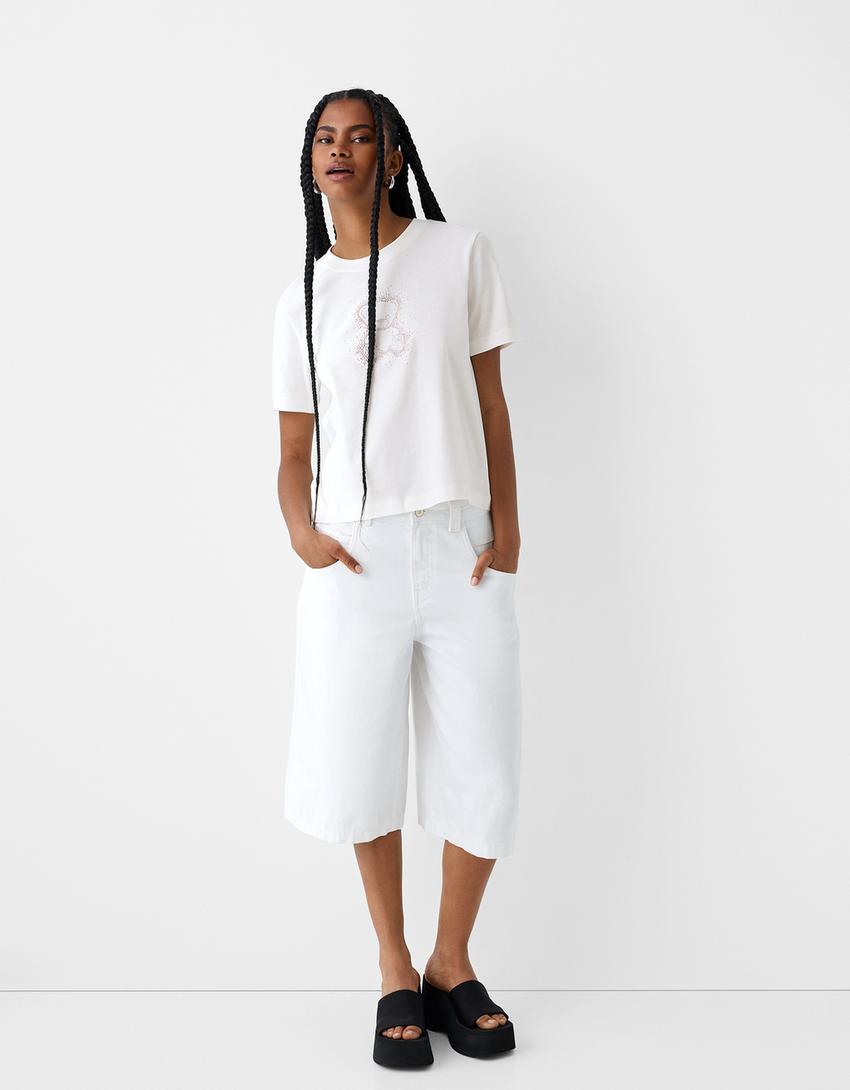 Maglietta maniche corte strass-Bianco Roto-3