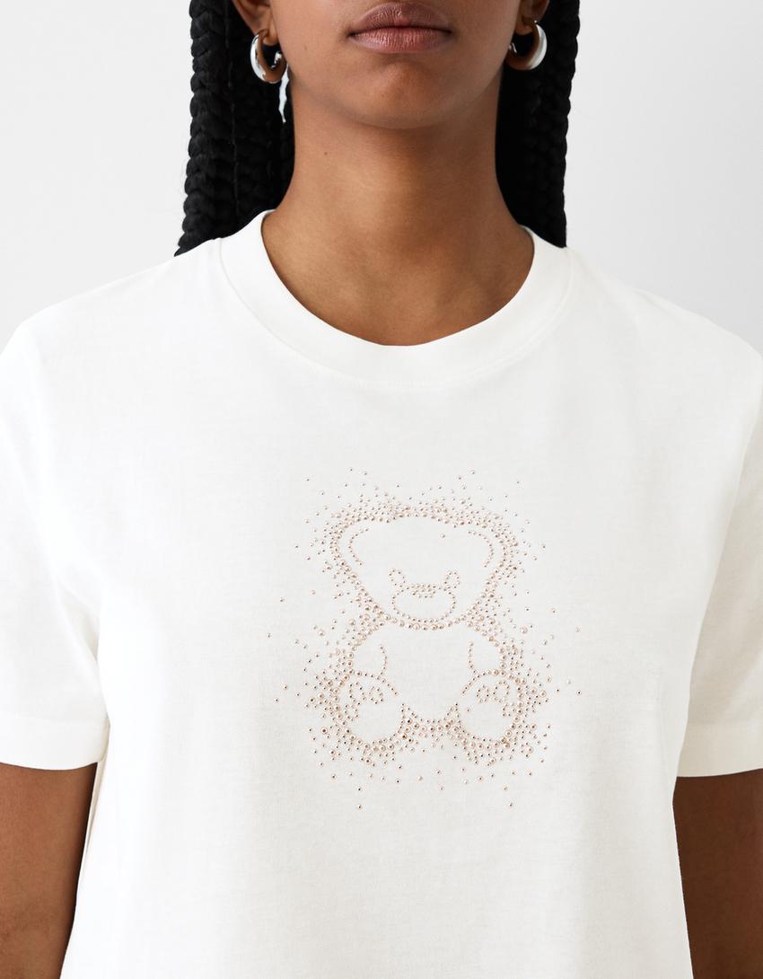 Maglietta maniche corte strass-Bianco Roto-5
