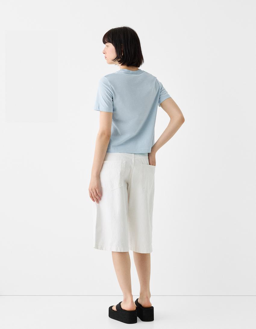 Short sleeve rhinestone T-shirt-Light blue-1