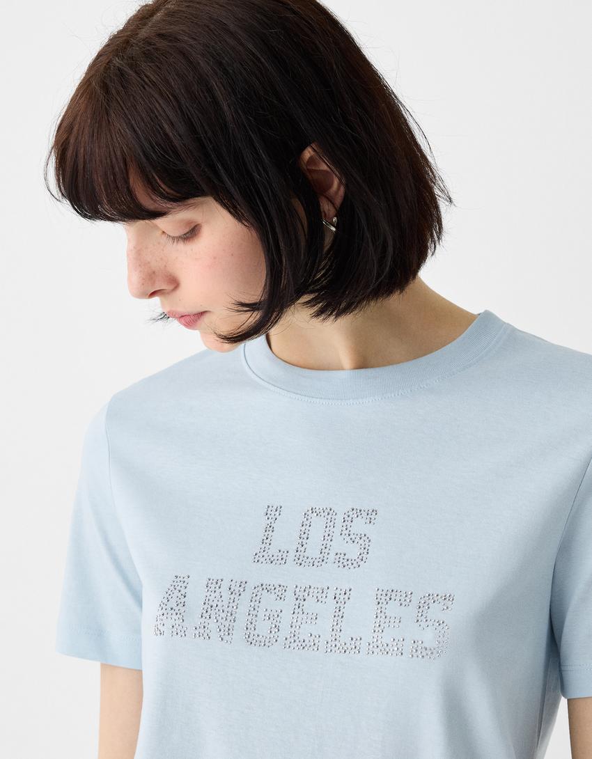 Short sleeve rhinestone T-shirt-Light blue-5