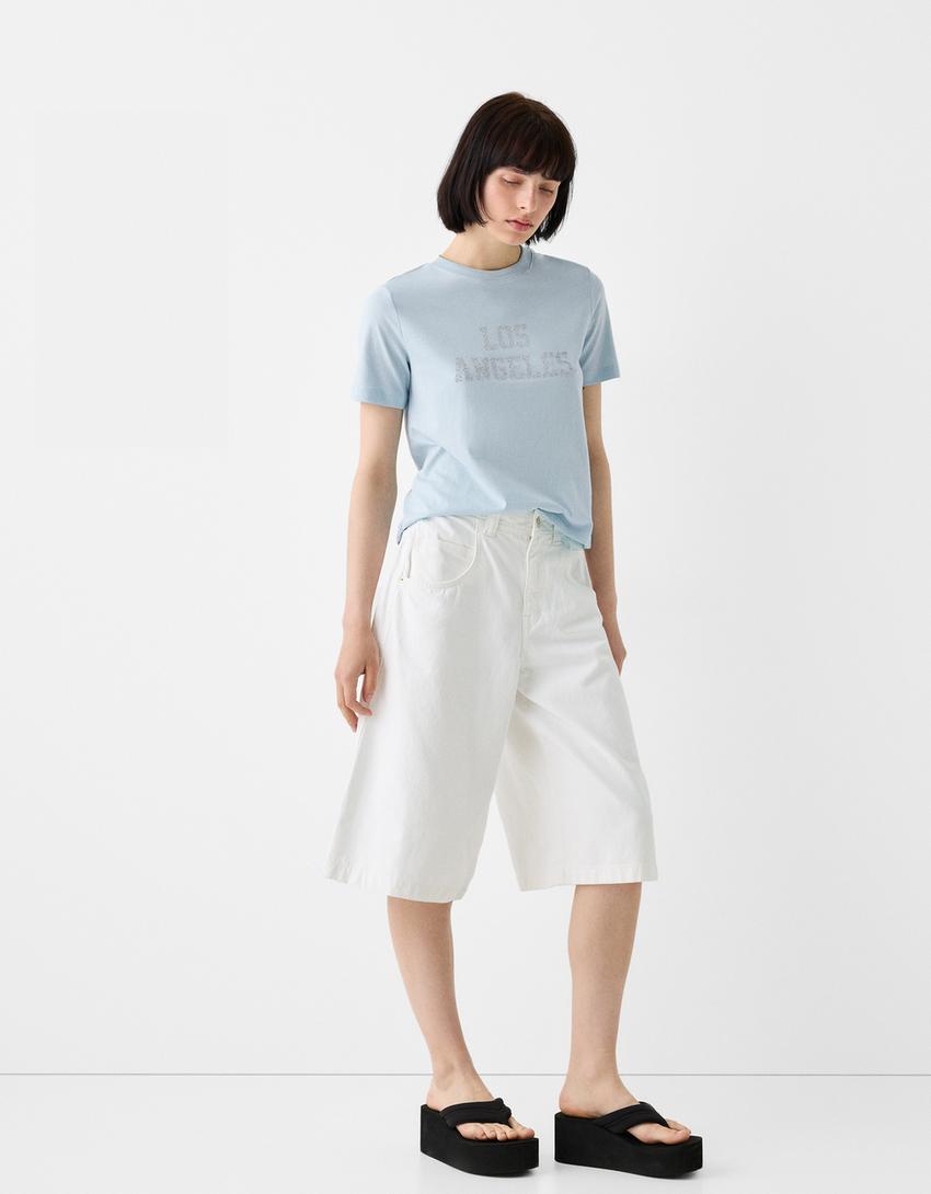 Short sleeve rhinestone T-shirt-Light blue-3