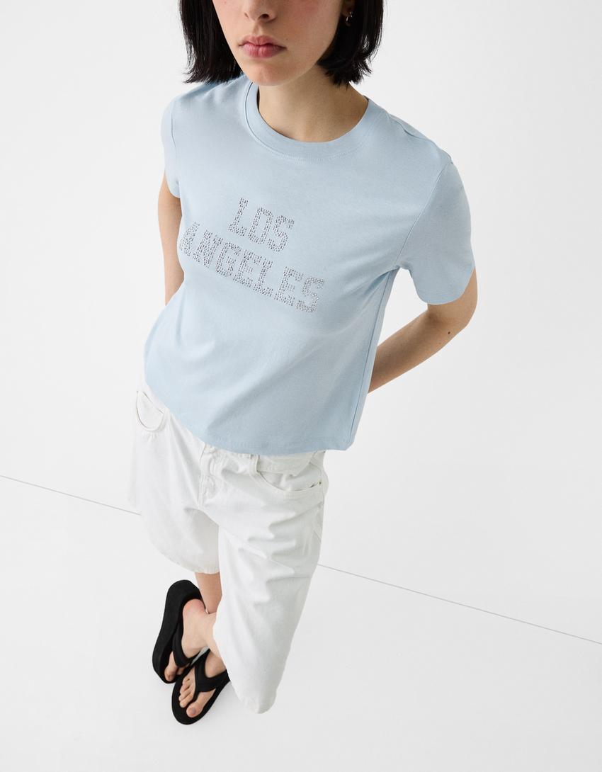 Short sleeve rhinestone T-shirt-Light blue-2