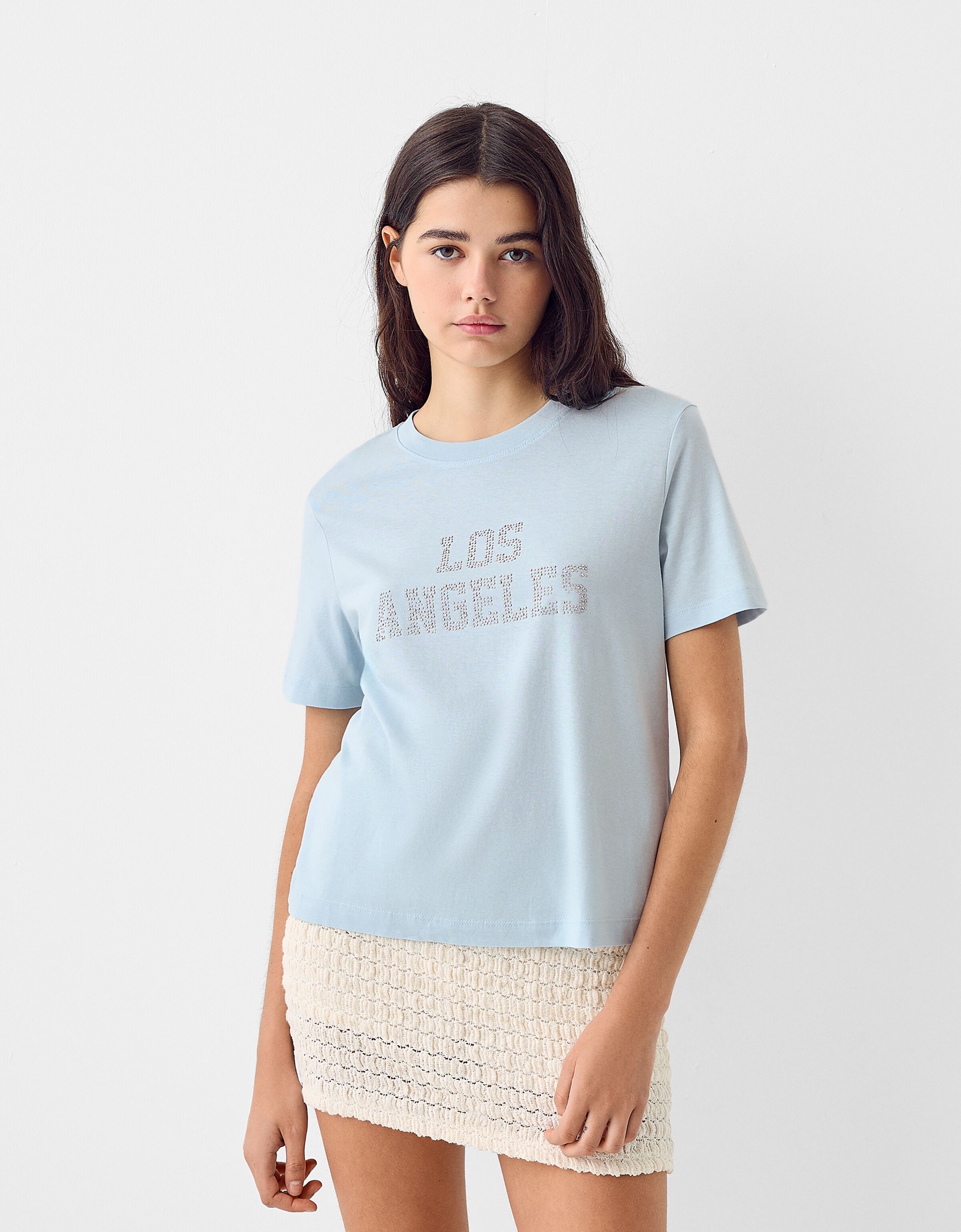 Short sleeve rhinestone T shirt Women Bershka