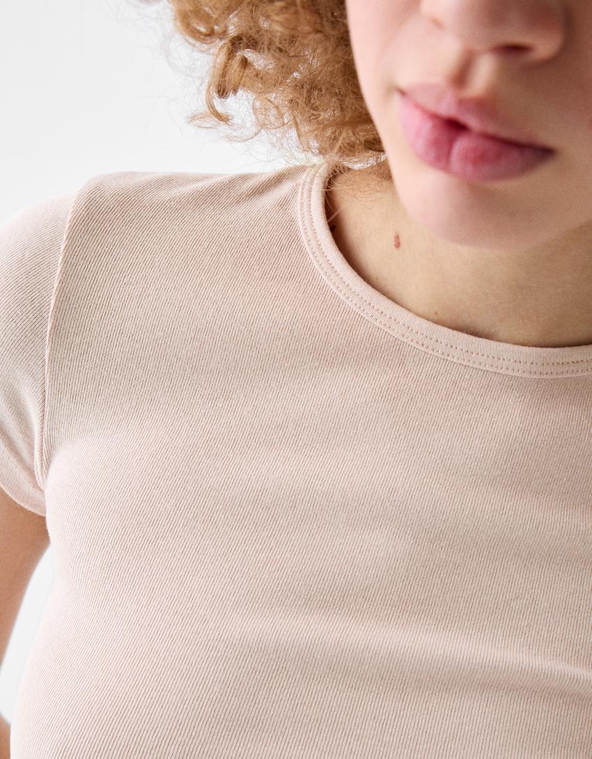 Kısa kollu bisiklet yaka t-shirt-Pembe-5