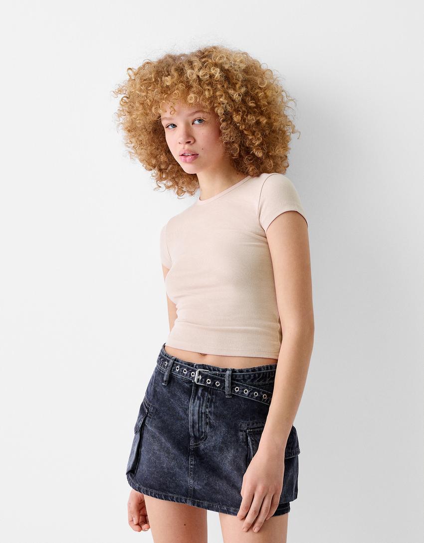 Kısa kollu bisiklet yaka t-shirt-Pembe-0