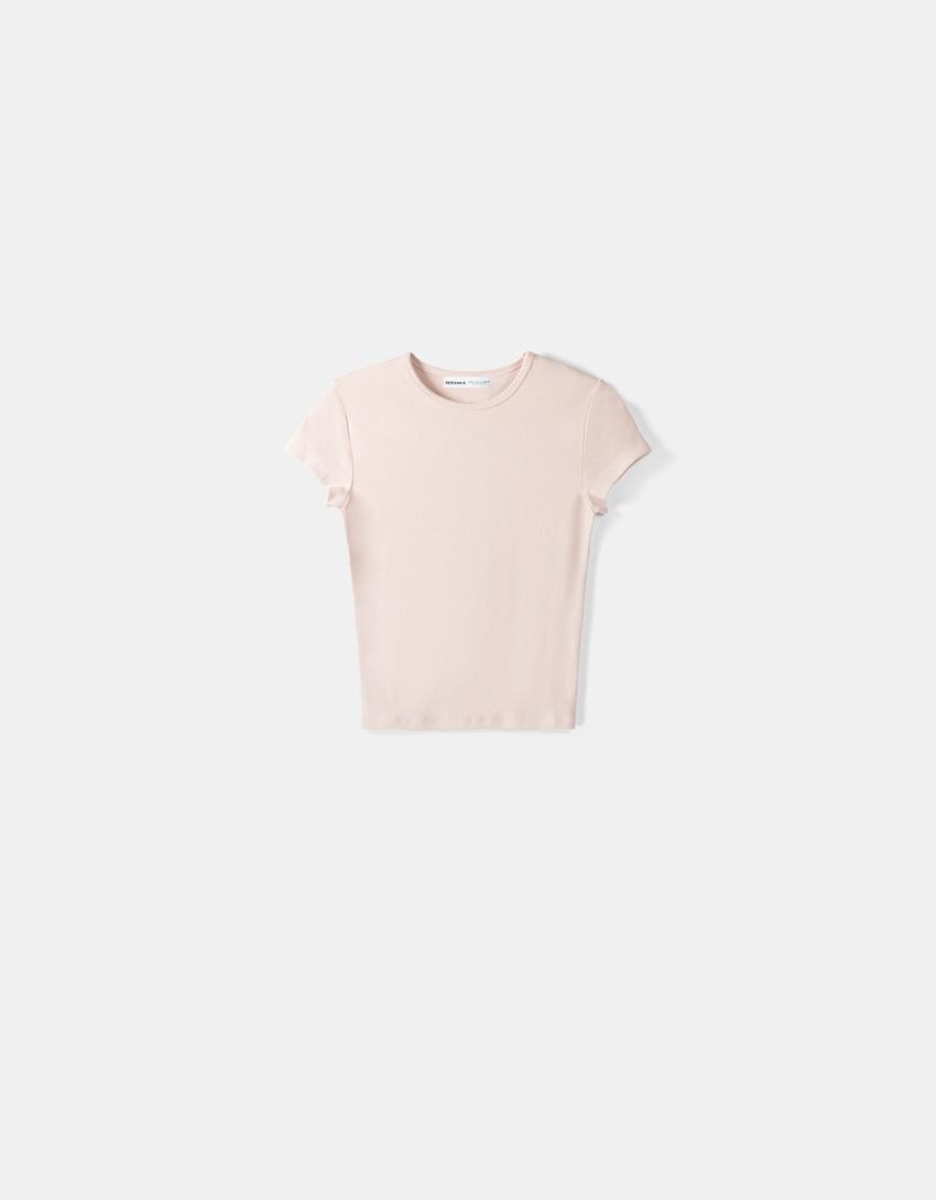 Kısa kollu bisiklet yaka t-shirt-Pembe-4