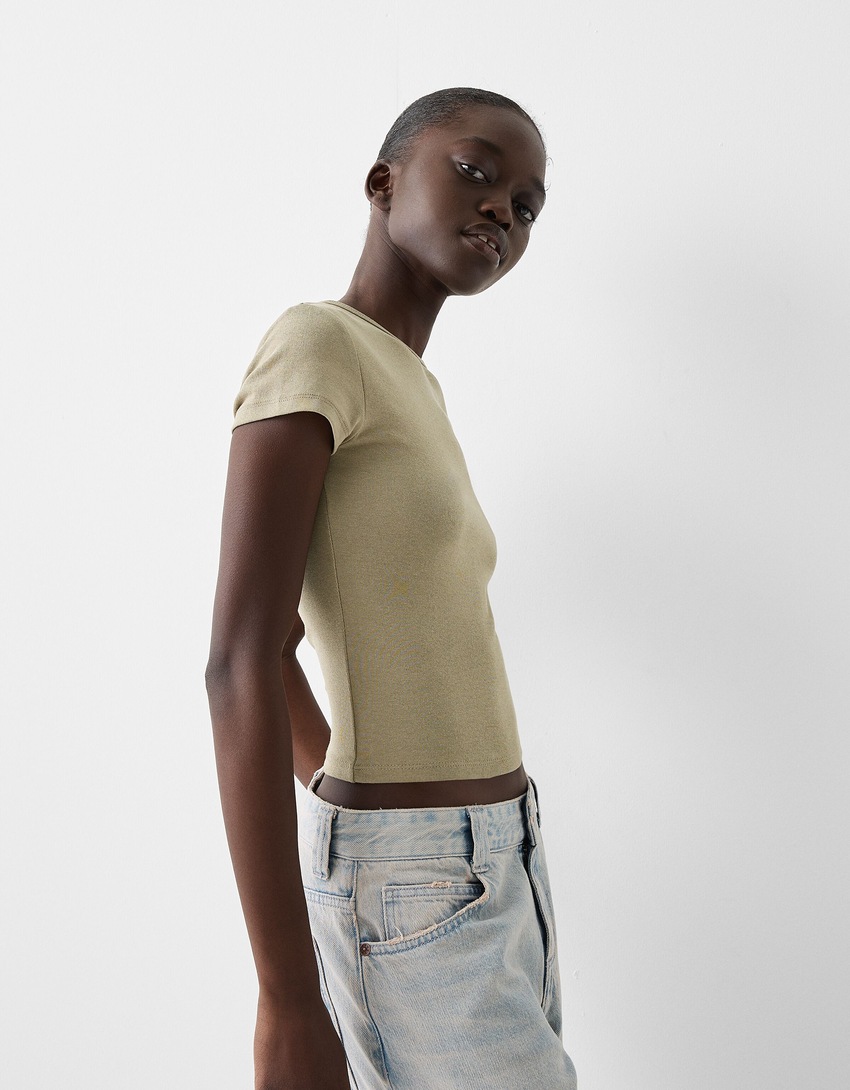 Short sleeve crew neck T-shirt-Khaki-2