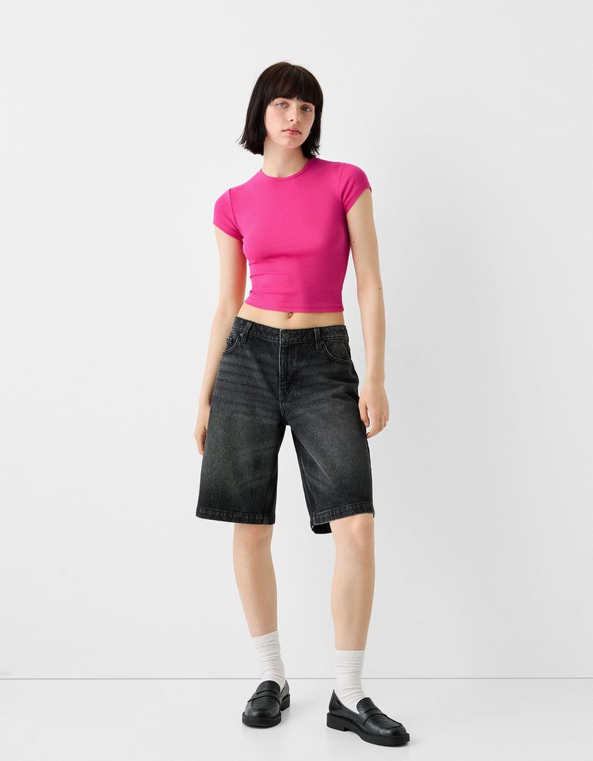 Kısa kollu bisiklet yaka t-shirt-Fuşya-3
