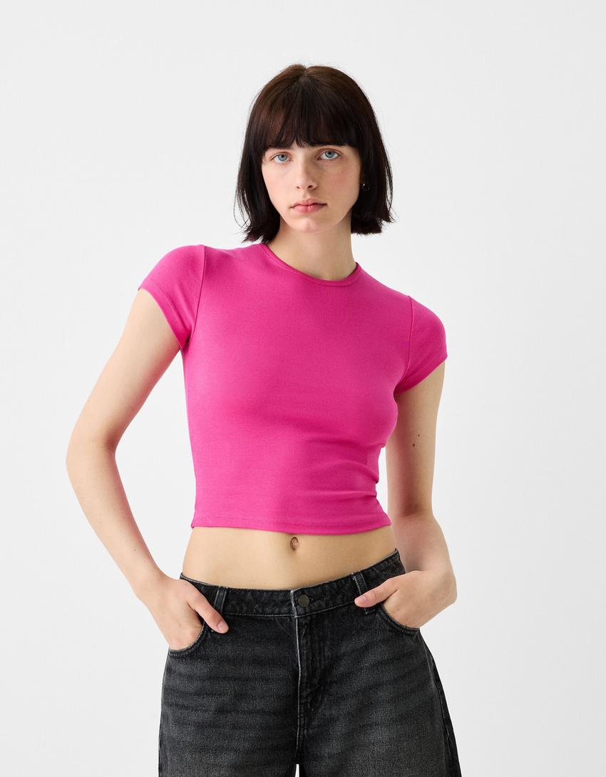 T-shirt manga curta decote redondo-Fúcsia-0
