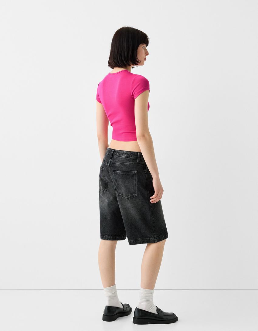 T-shirt manga curta decote redondo-Fúcsia-1