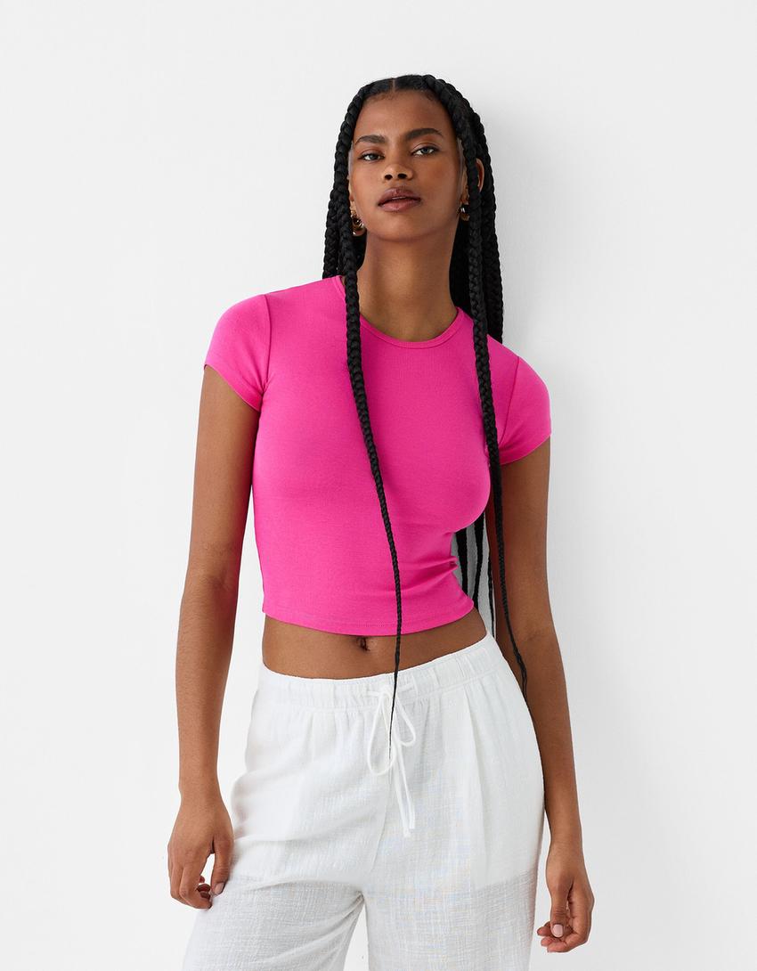 T-shirt manches courtes col rond-Fuchsia-0