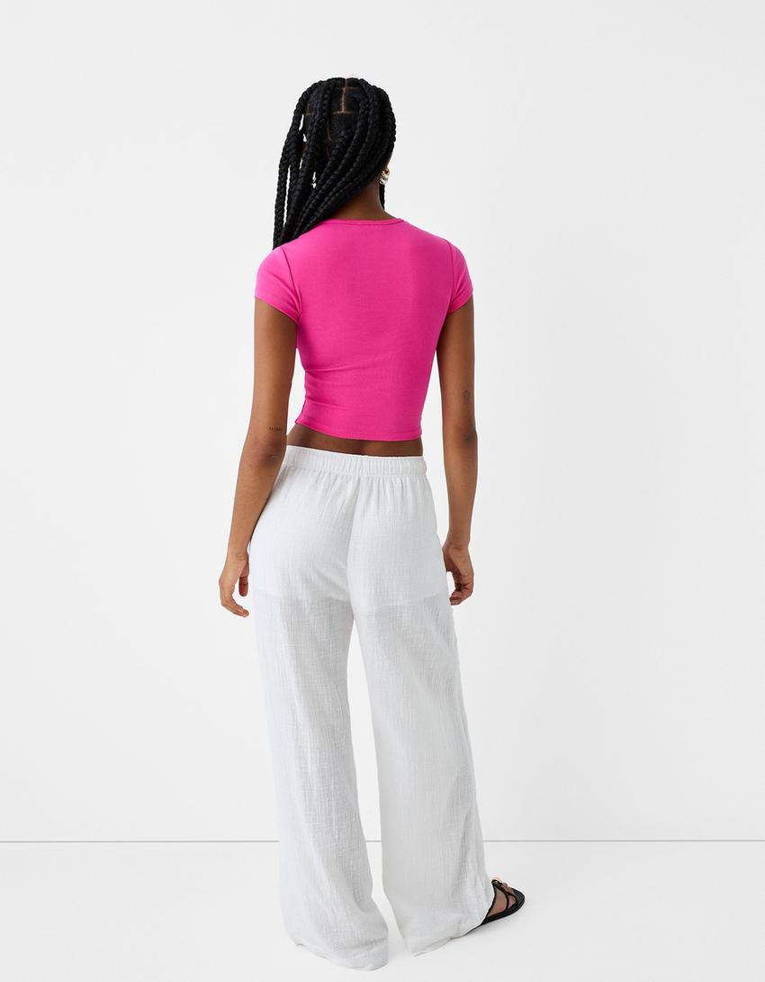 T-shirt manches courtes col rond-Fuchsia-1