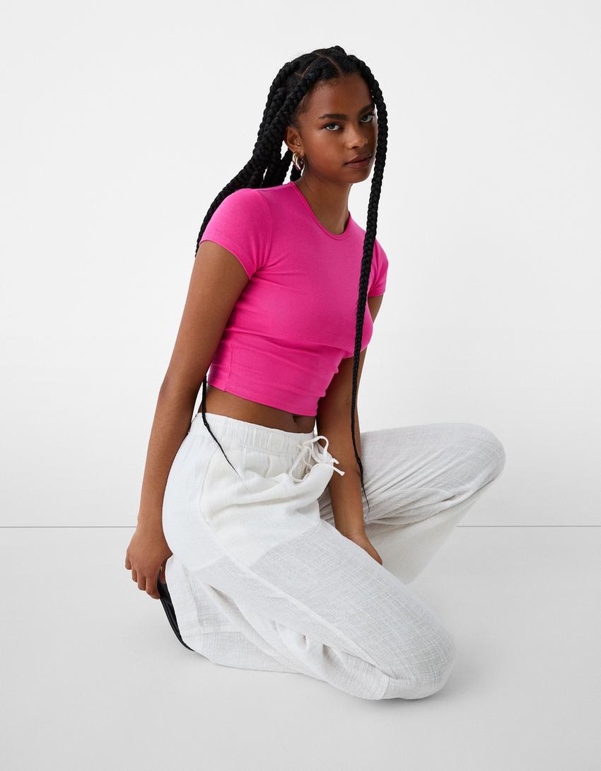 T-shirt manches courtes col rond-Fuchsia-2