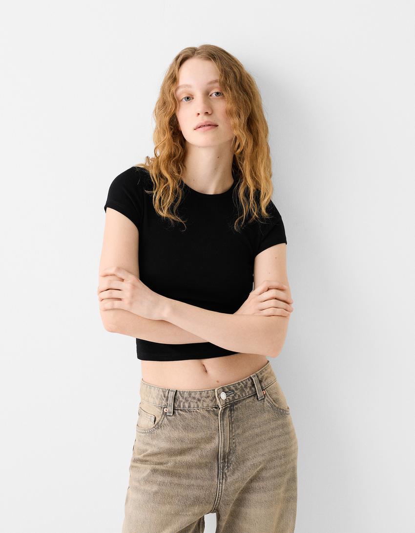 Kısa kollu bisiklet yaka t-shirt-Siyah-0