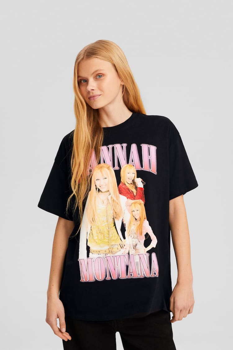 Kaus lengan pendek oversize gambar Hannah Montana