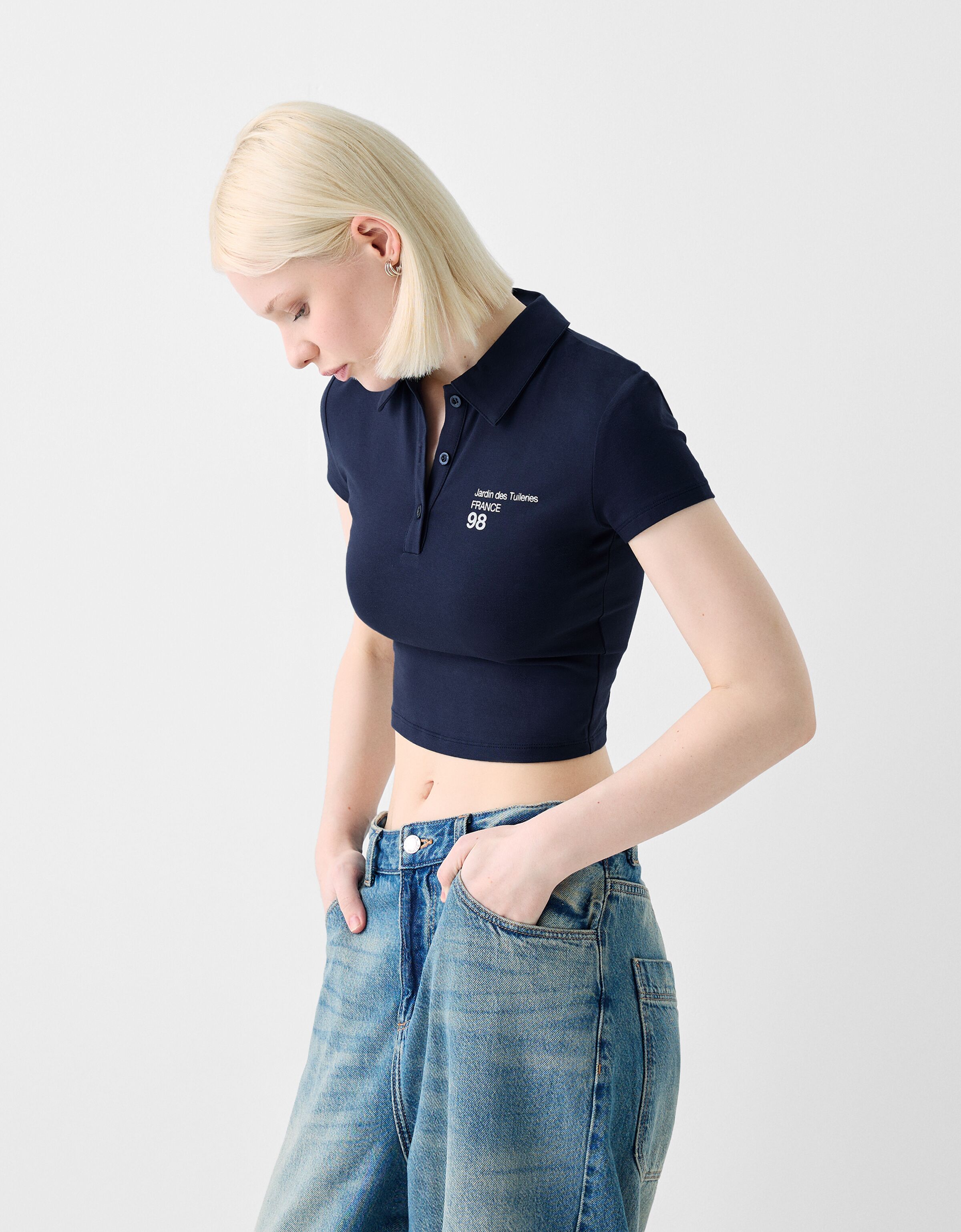Printed short sleeve T shirt with a polo collar