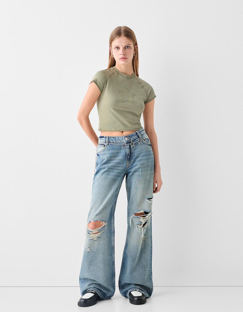 Short sleeve T-shirt with patch-Khaki-3