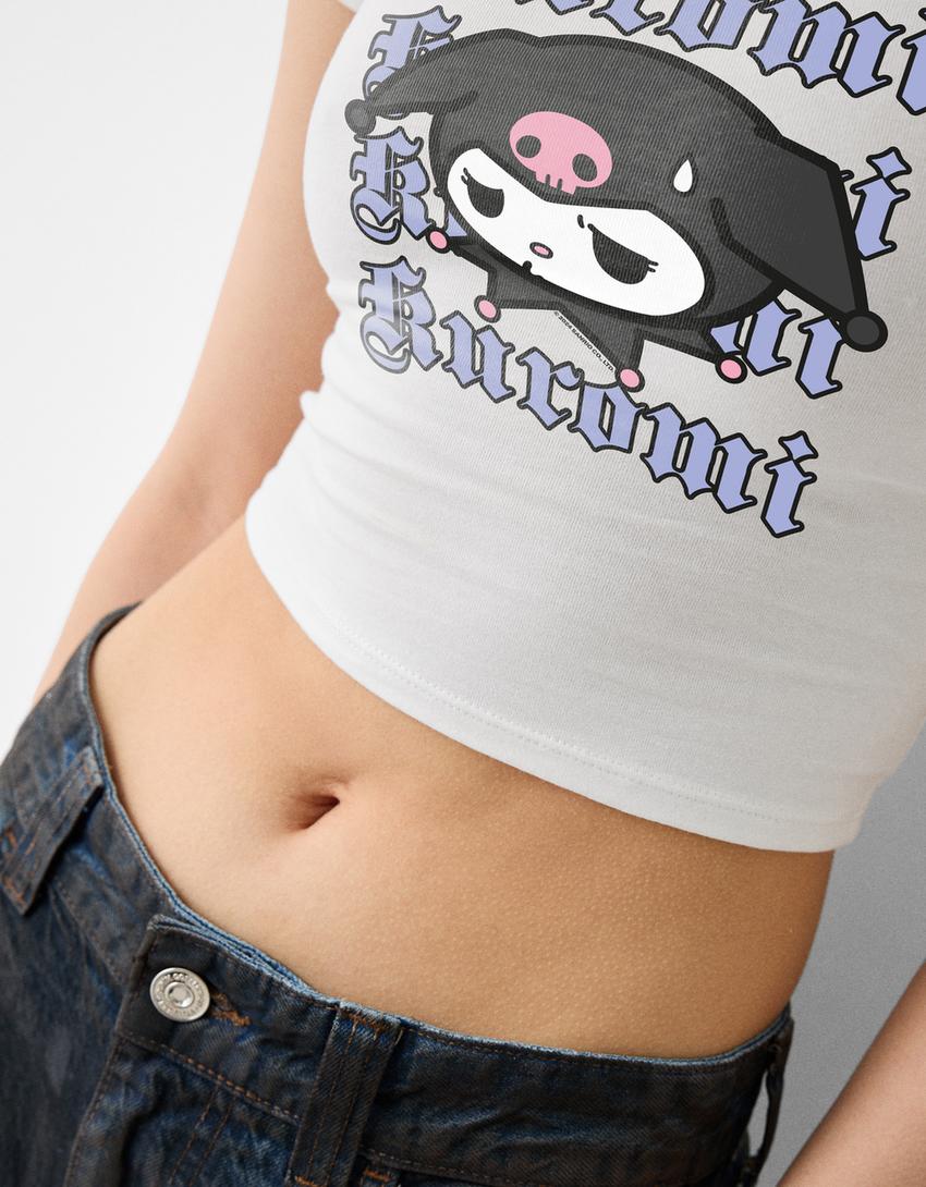 Camiseta Kuromi manga curta-Branco roto-3