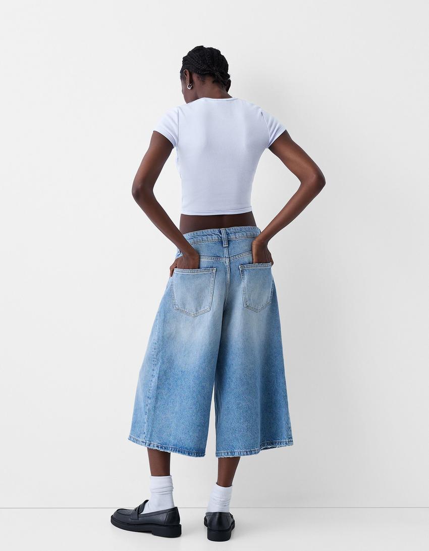 Contrast ribbed short sleeve T-shirt with rhinestones-Blue-1