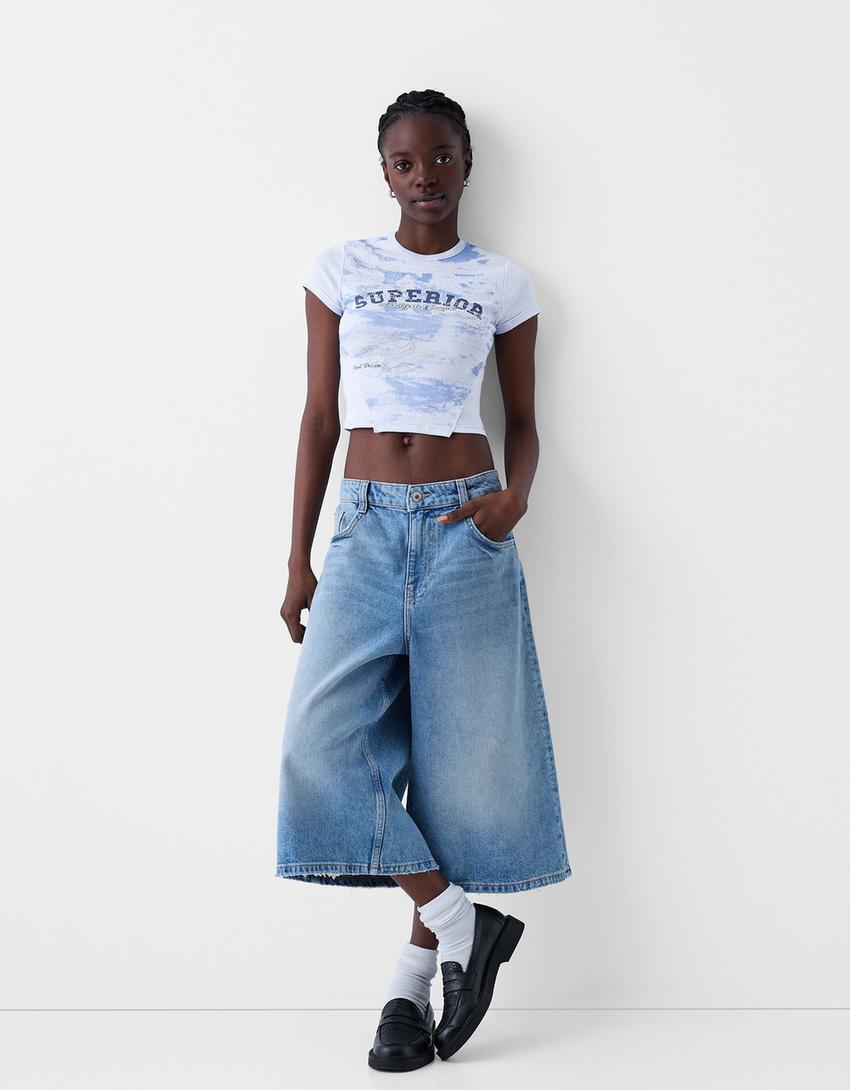 Contrast ribbed short sleeve T-shirt with rhinestones-Blue-3