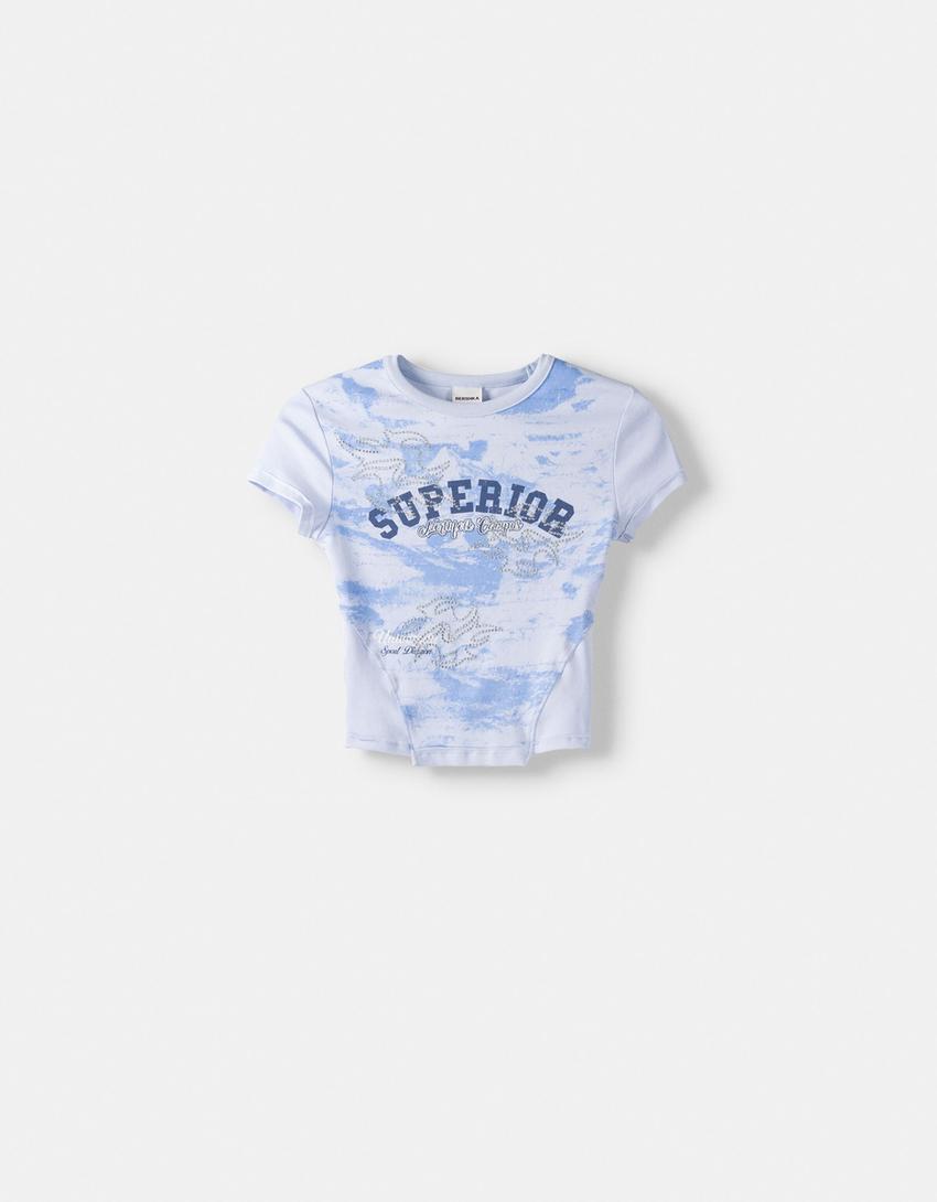 Contrast ribbed short sleeve T-shirt with rhinestones-Blue-4