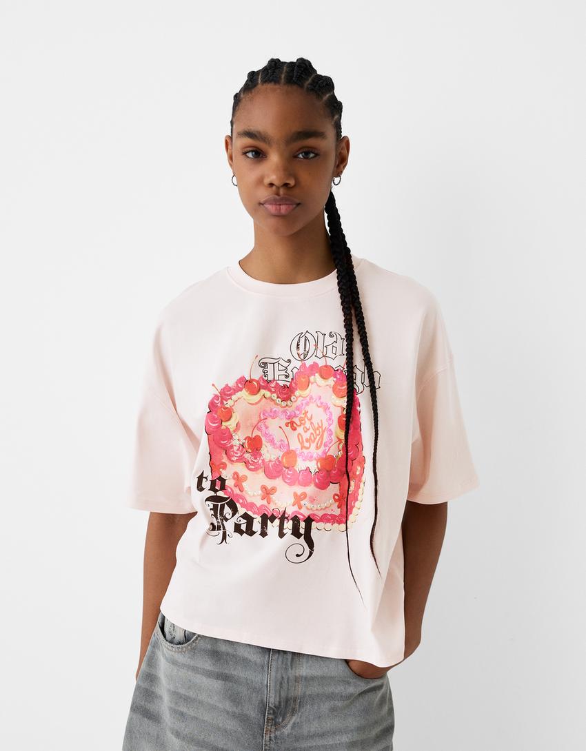 Printed short sleeve T-shirt with open back-Pink-0