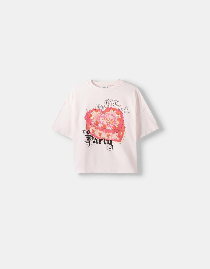 Printed short sleeve T-shirt with open back-Pink-4