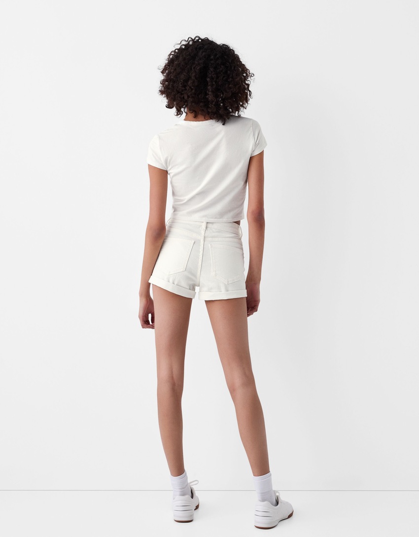 Short denim retroussé-Blanc-2