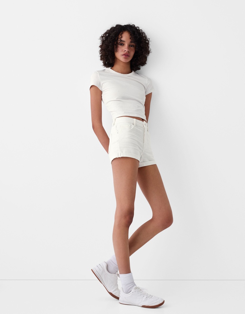 Short denim retroussé-Blanc-0
