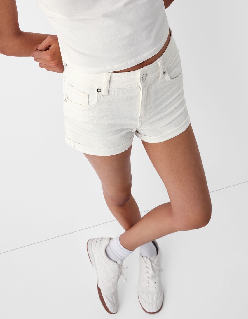 Short denim retroussé-Blanc-3